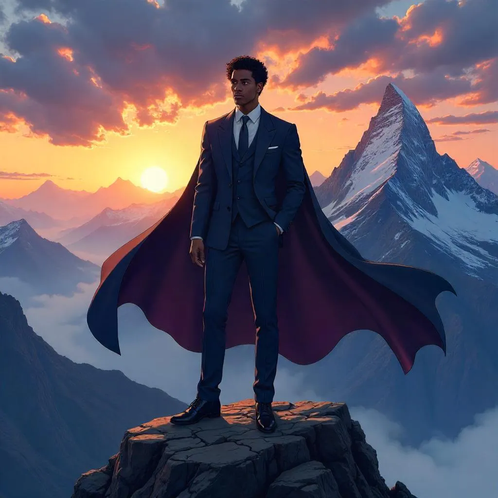 Elegant Black Man in Majestic Mountain Anime Scene