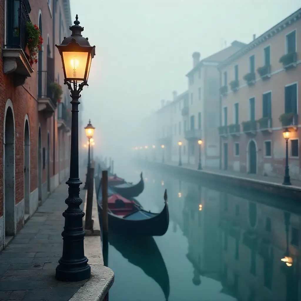 Foggy Venice Canal: Ornate Lamp and Boats