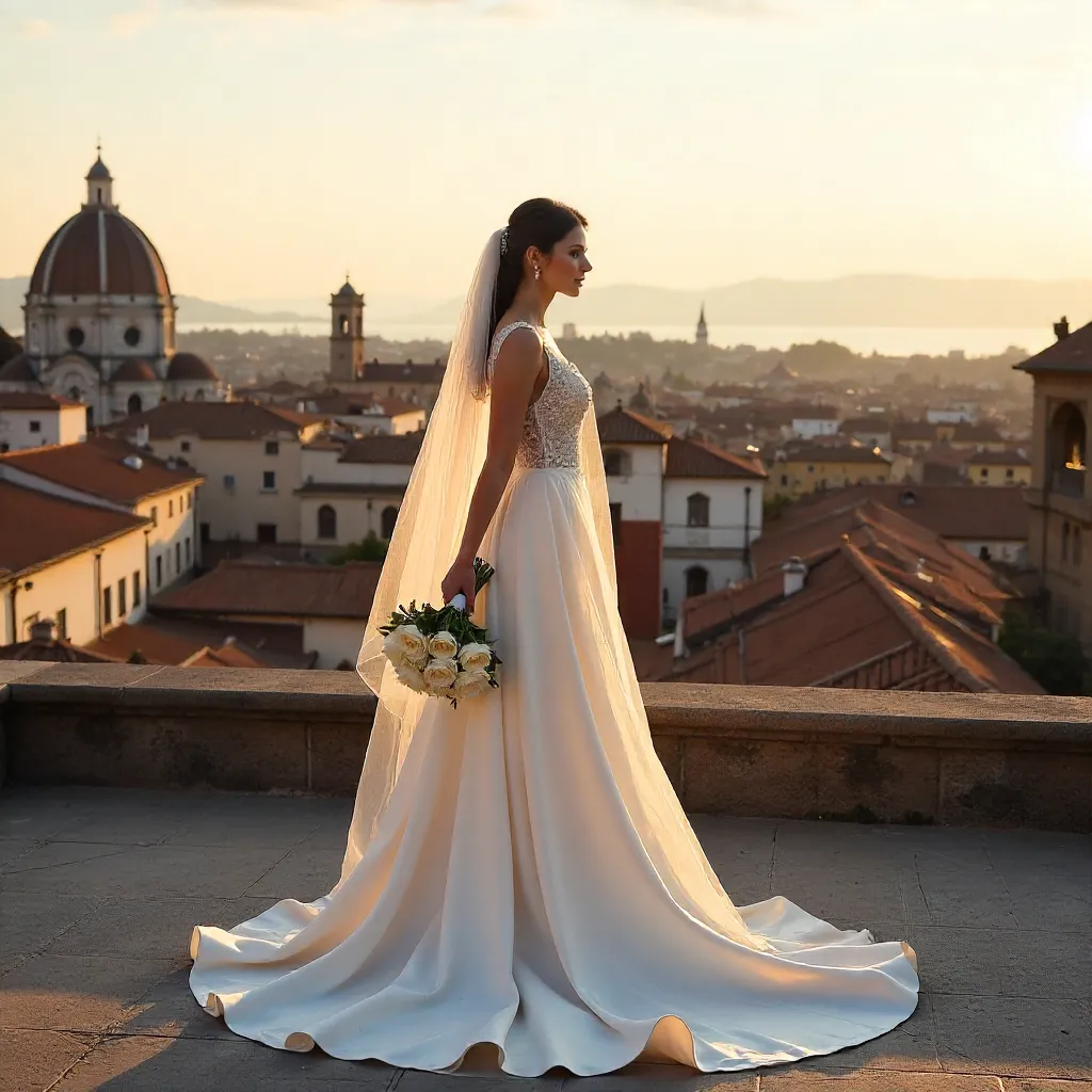 Rooftop Bride Over Historic Cityscape
