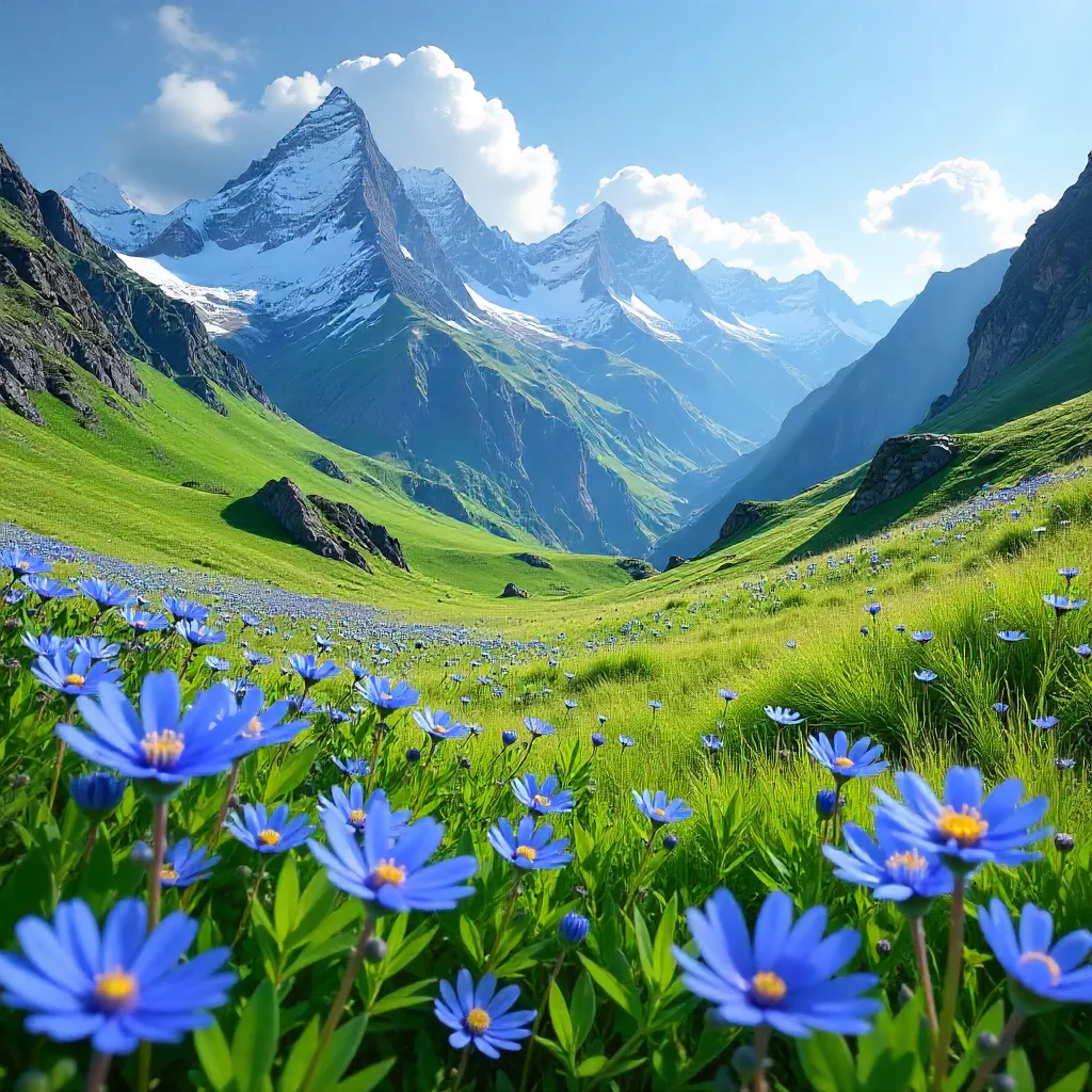 Snow-Capped Peaks with Spring Blue Flower Foreground