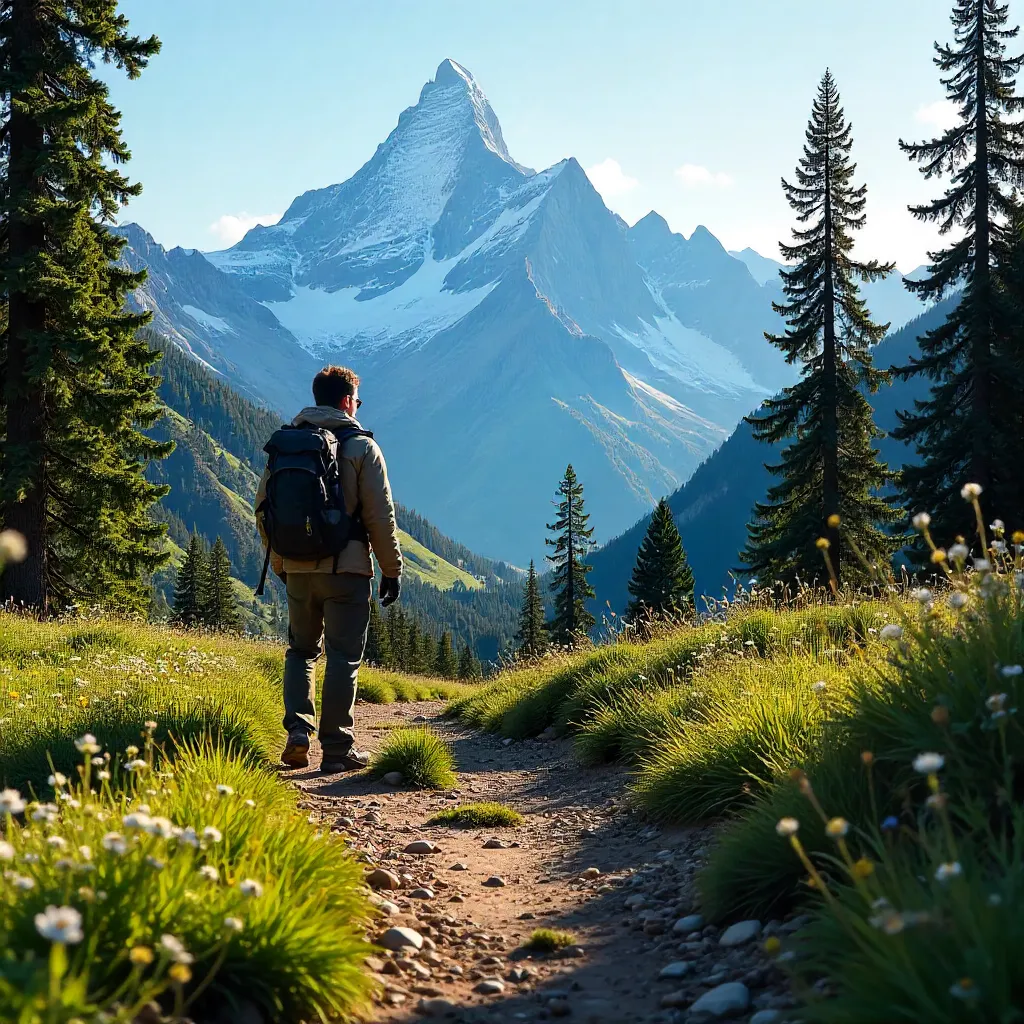 Hiker on Alpine Trail Gazing at Peaks