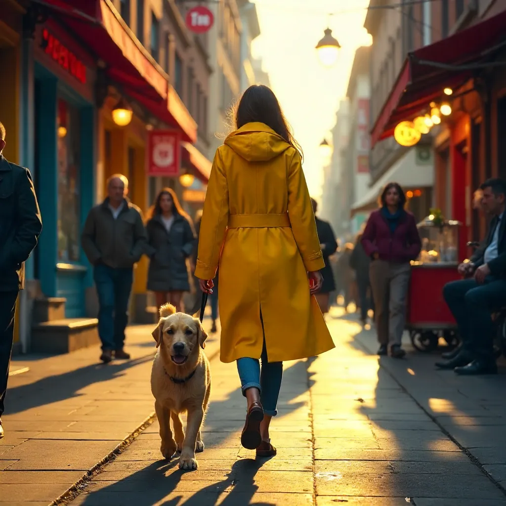 Golden Yellow Coat on a Lively City Street