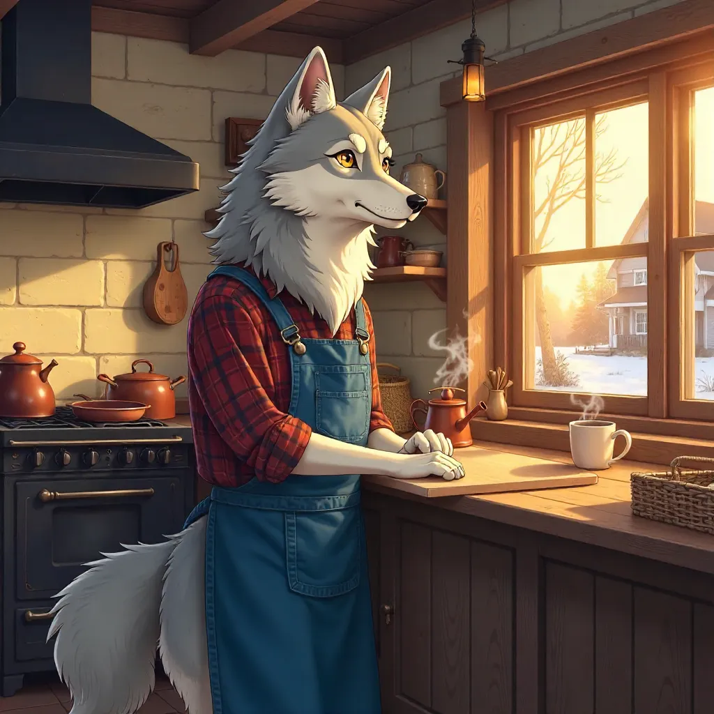 Anime Wolf in a Cozy Farmhouse Kitchen