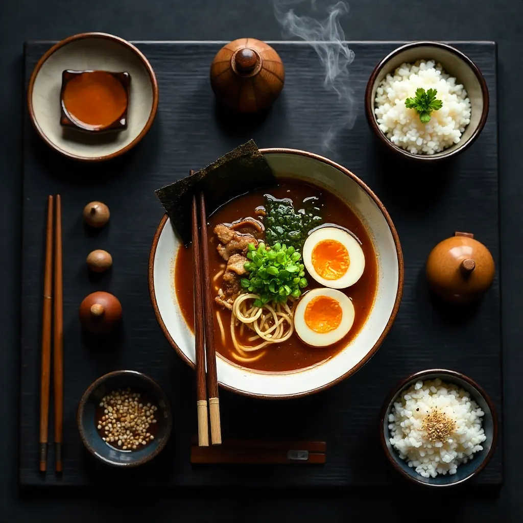 Flat lay of ramen and rice bowls—Japanese dining scene