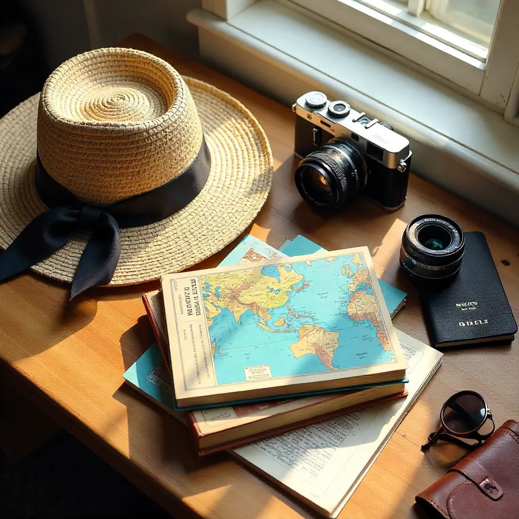 Flat lay travel gear: straw hat, cameras, guides