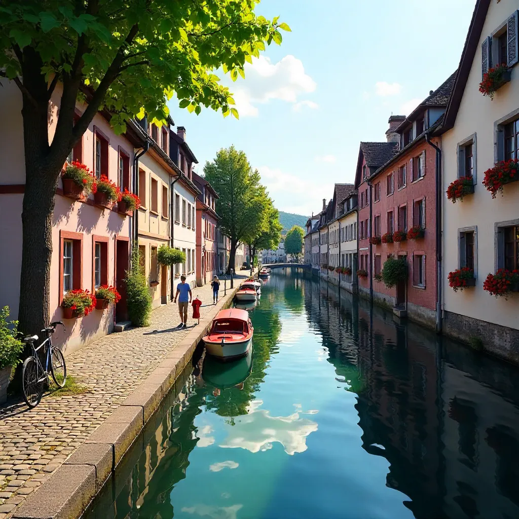 Sunlit Colmar Canal with Alsatian Half-Timbered Houses