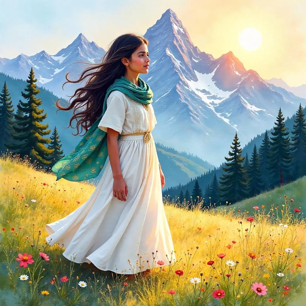 Watercolor Mountain Portrait of a Beautiful Middle Eastern Girl