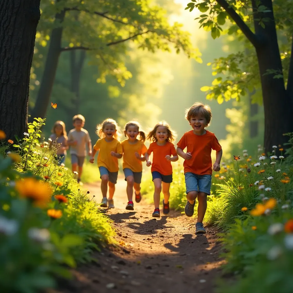Joyful kids sprint along a sunlit forest path