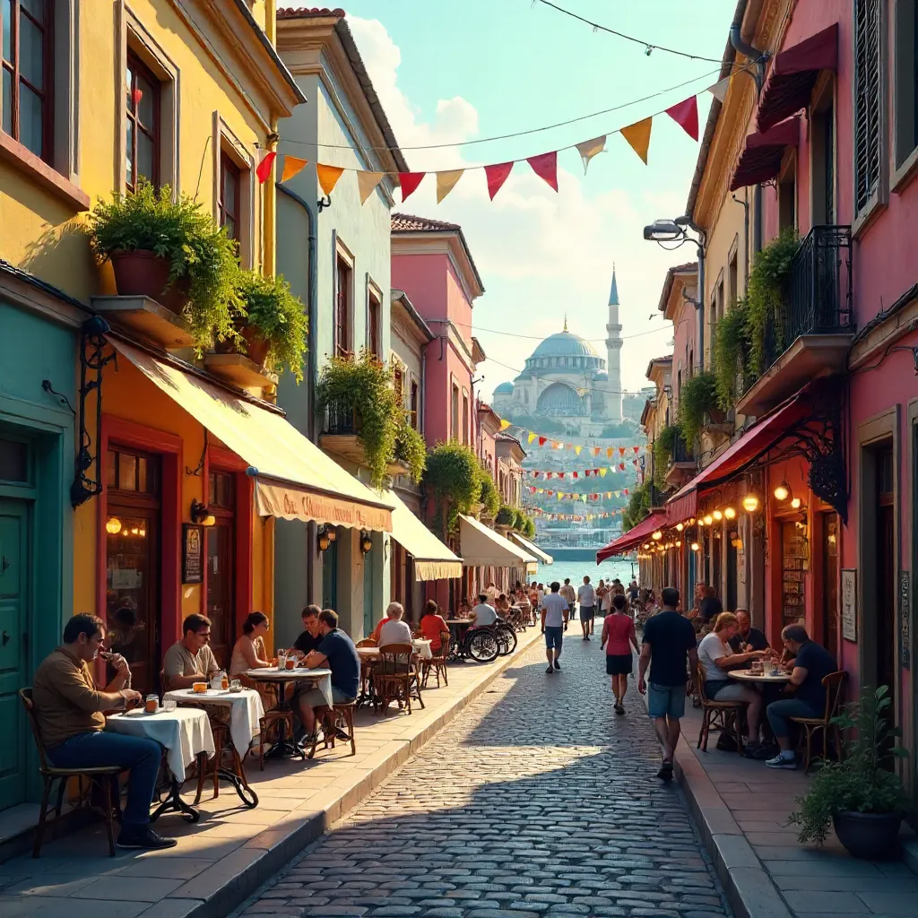 Pastel Facades on a Lively Istanbul Street