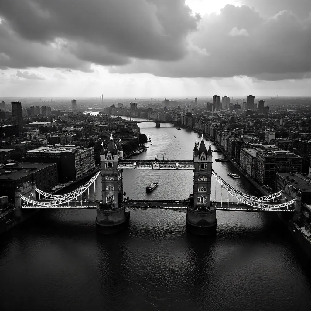Nocturnal Aerial: Tower Bridge in Monochrome