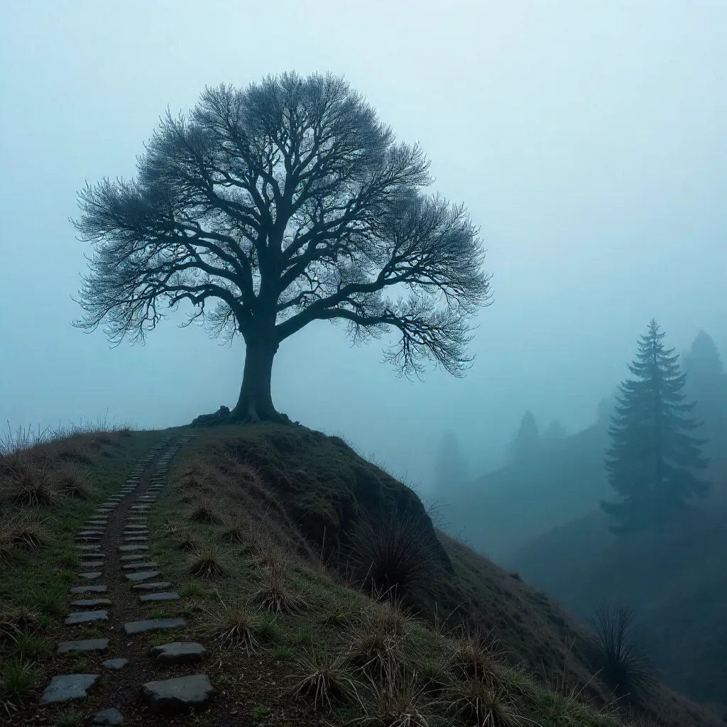 Mysterious Solitary Tree in Bolu Fog, Türkiye