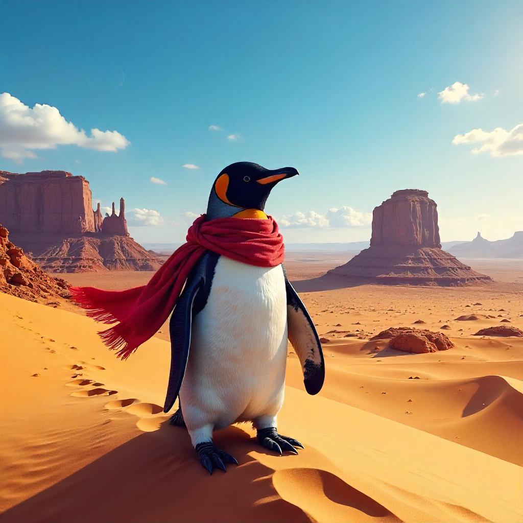Desert Mirage Penguin: A Digital Art Scene in Sand