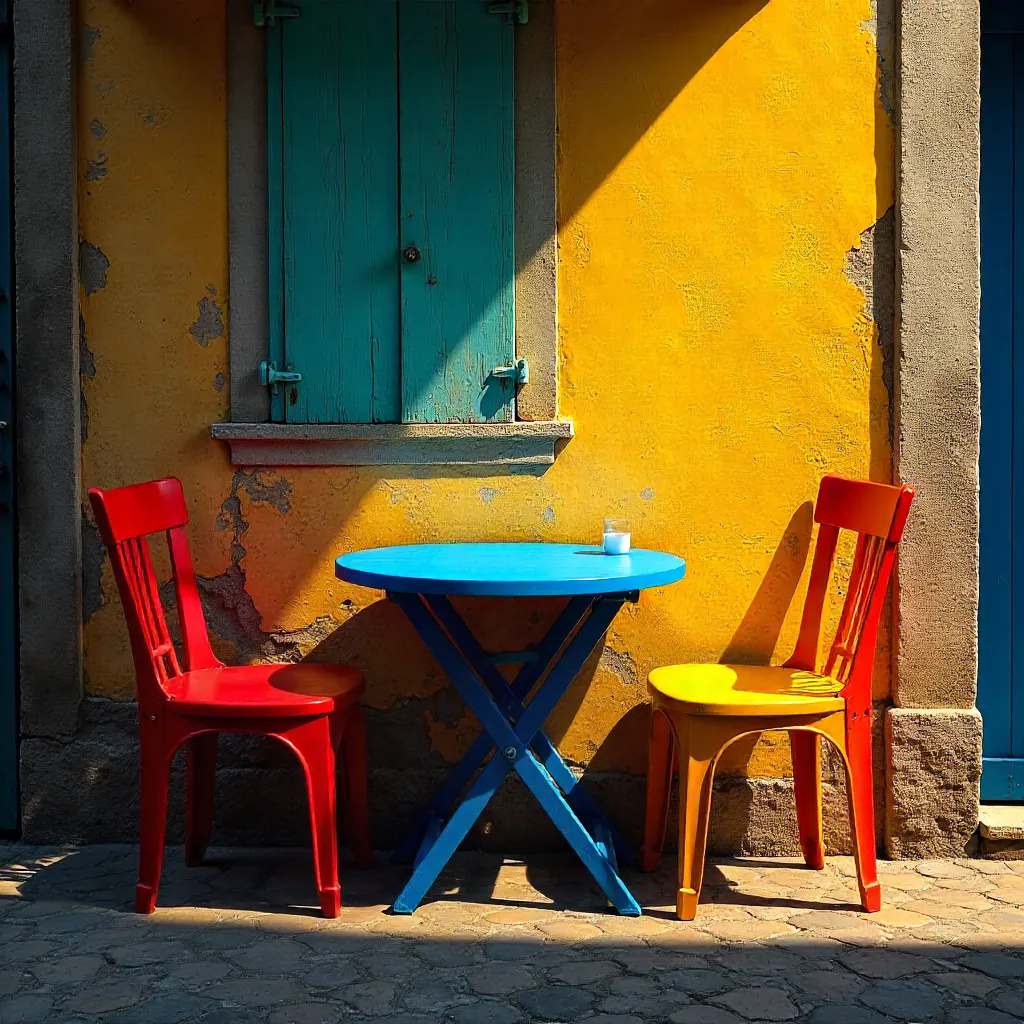 Vibrant Chairs by Blue Table Against Textured Wall