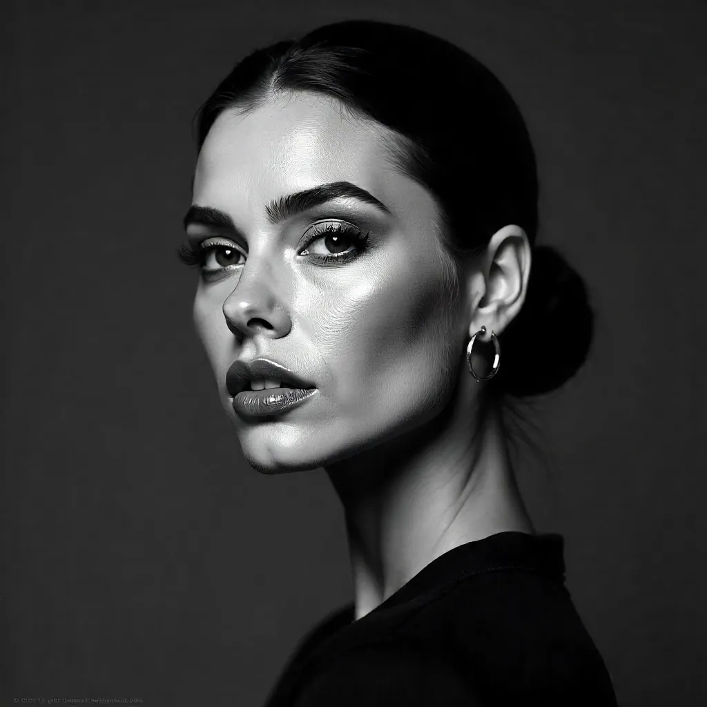 Confident Black and White Portrait with Hoop Earrings
