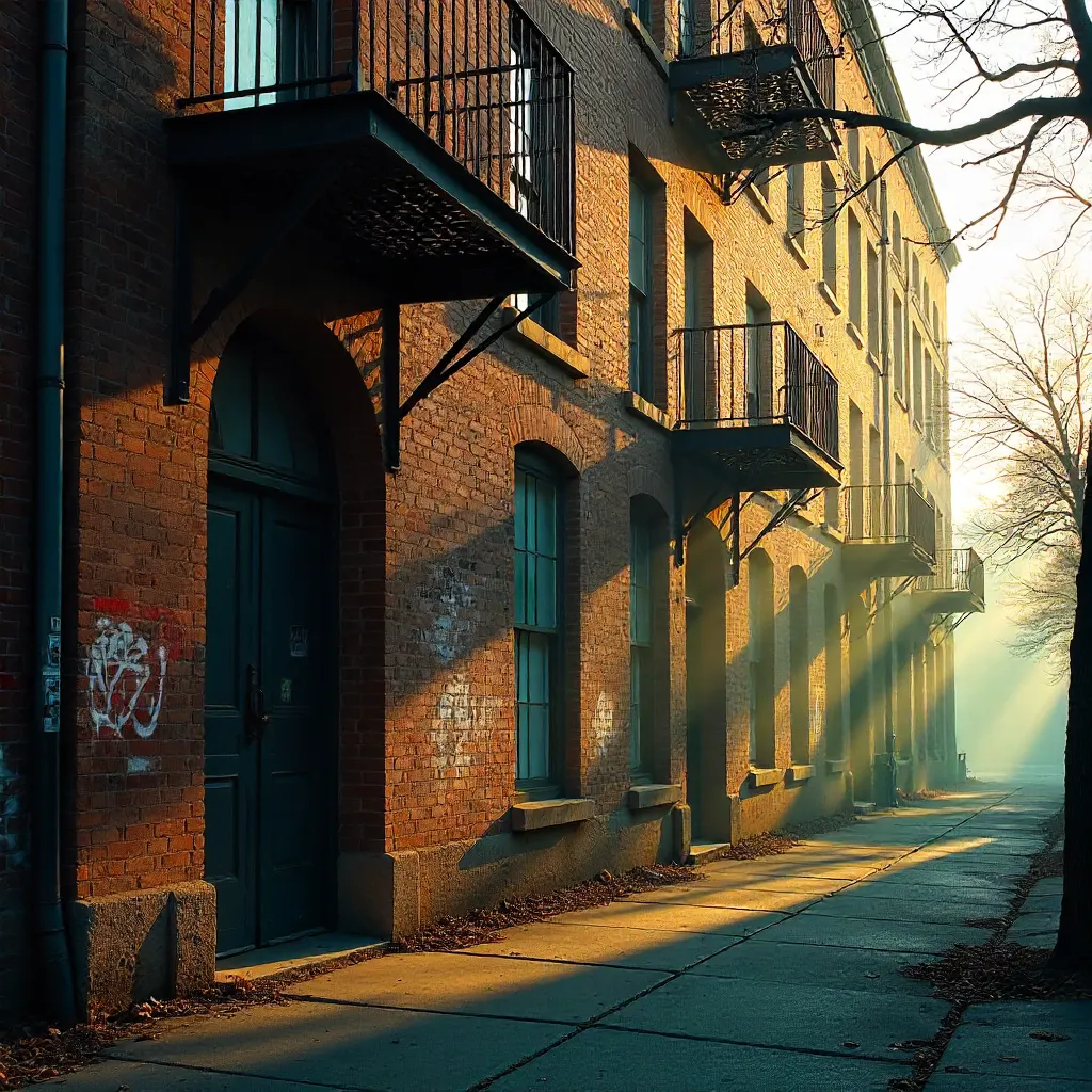 Sunlight Filtering Through Bare Branches on an Urban Facade