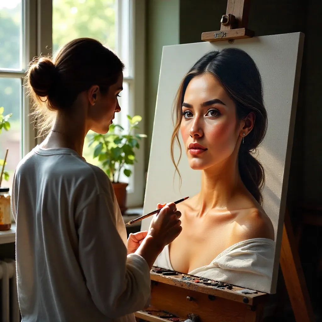Skillful Artist Painting a Realistic Portrait on Canvas
