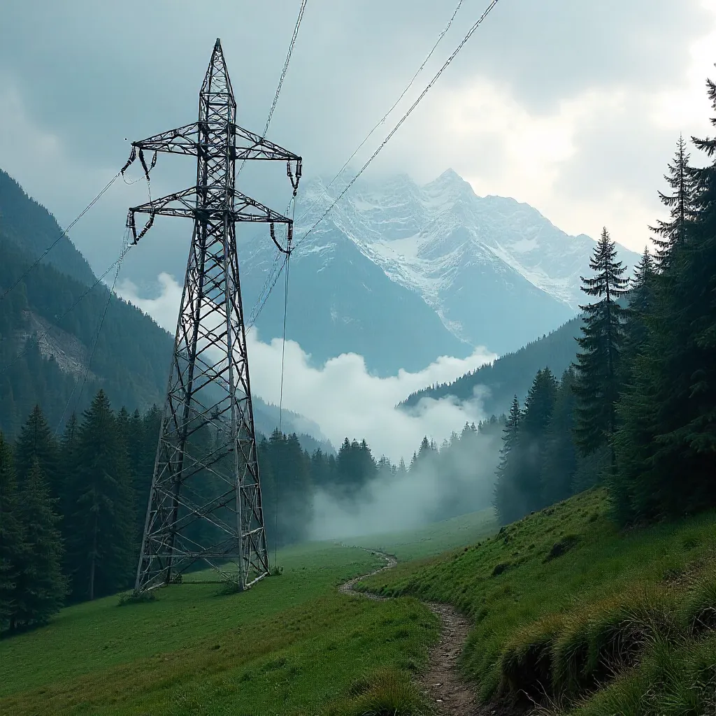 Towering Pylon Over a Misty Swiss Forest