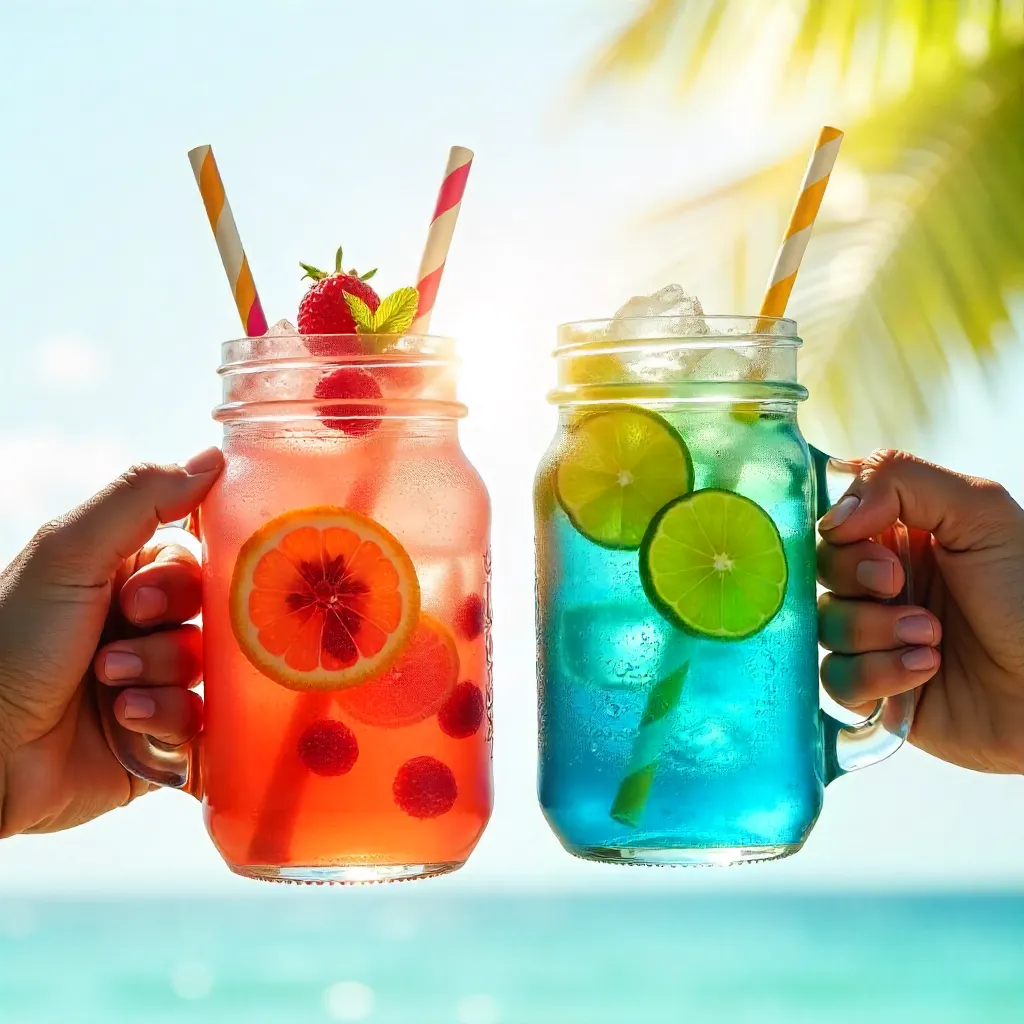 Two Hands Holding Colorful Iced Drinks in Clear Jars