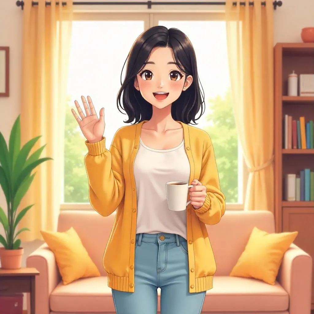 Cheerful Asian Woman in Anime Style at Home
