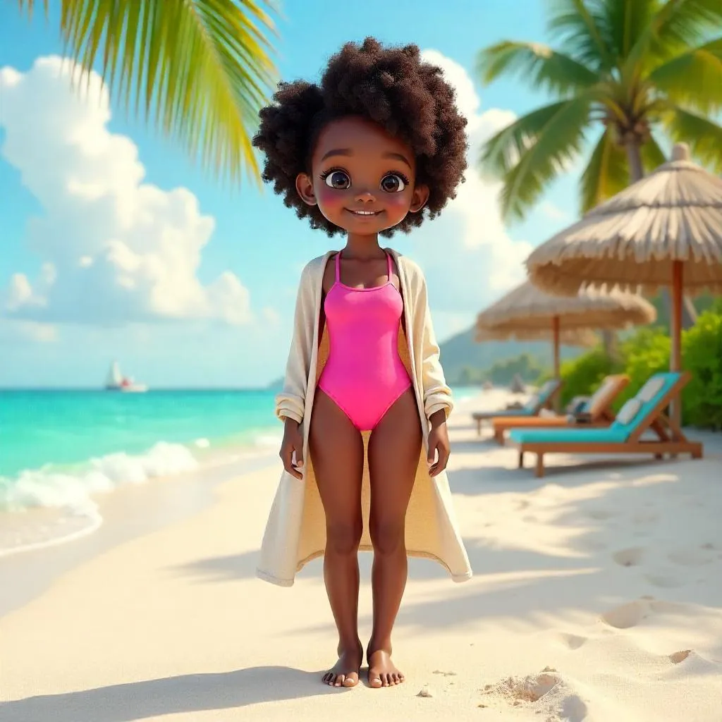 Cheerful Black Girl at a Tropical Beach Resort (3D Render)