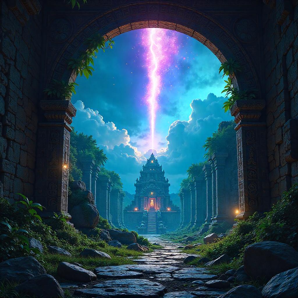 Meteor over Ancient Temple Ruins in Digital Neon