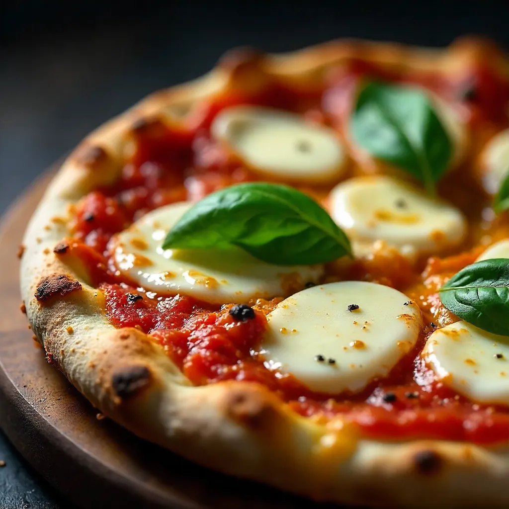 Macro Close-Up Margherita Pizza with Basil