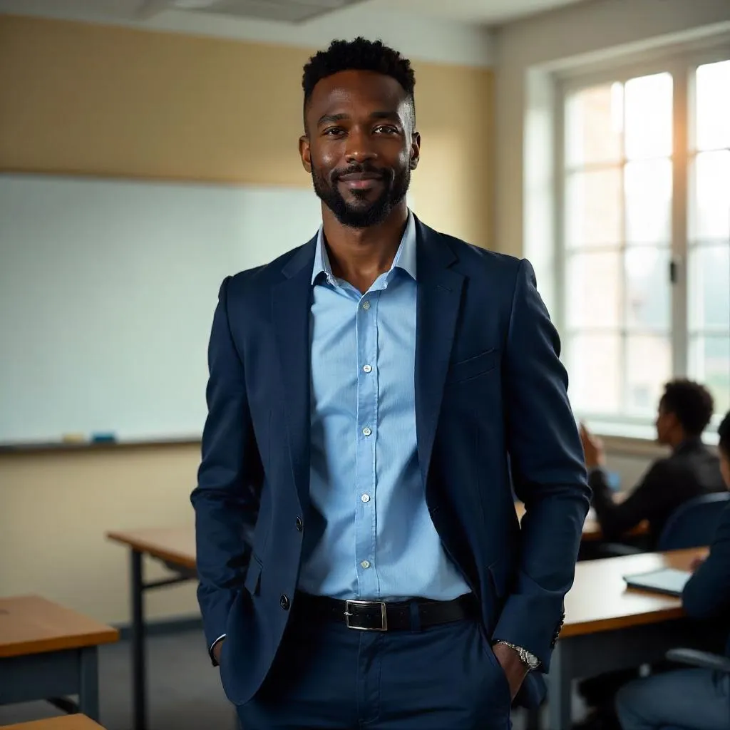 Confident Black Teacher in a Modern Classroom