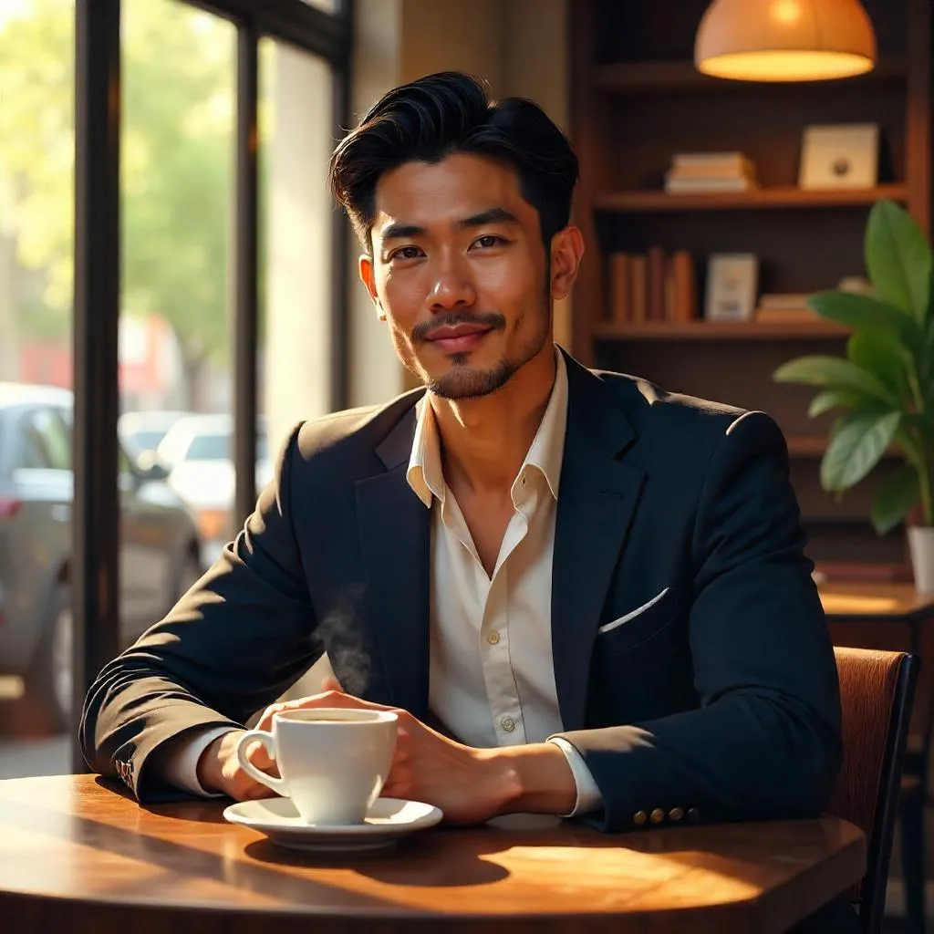 Confident Asian Man in a Cozy Cafe — Digital Portrait