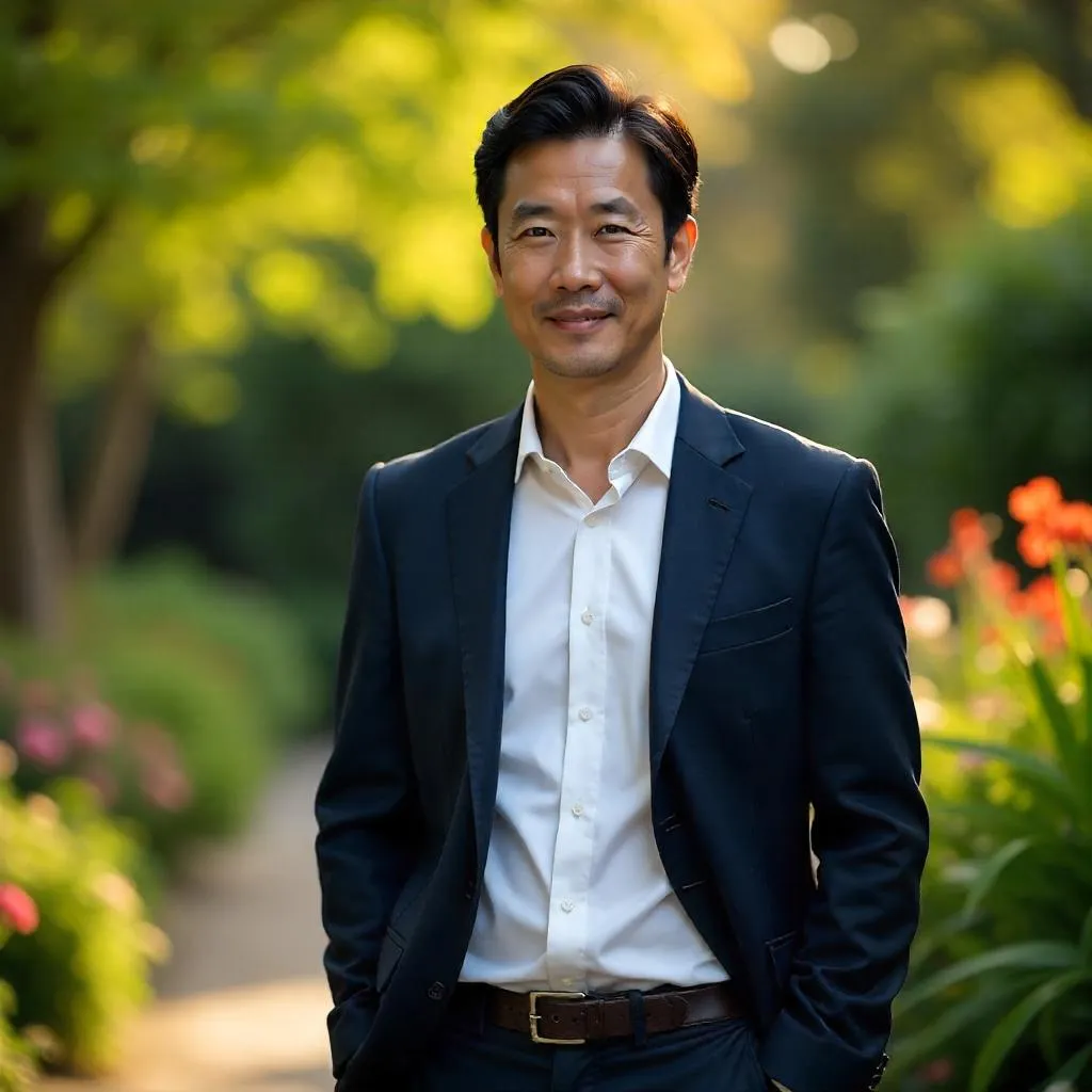 Confident Asian Man in a Lush Garden - Photoreal Portrait