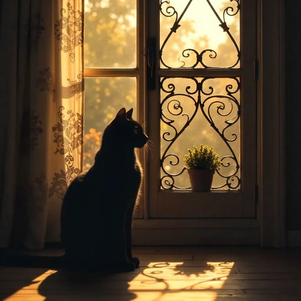 Silhouette of a Black Cat by Vintage Window Grate