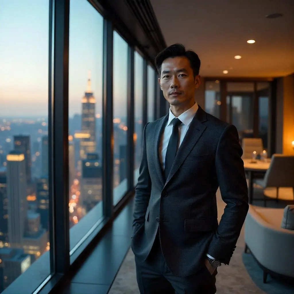 Confident Asian Man in a Photorealistic Penthouse