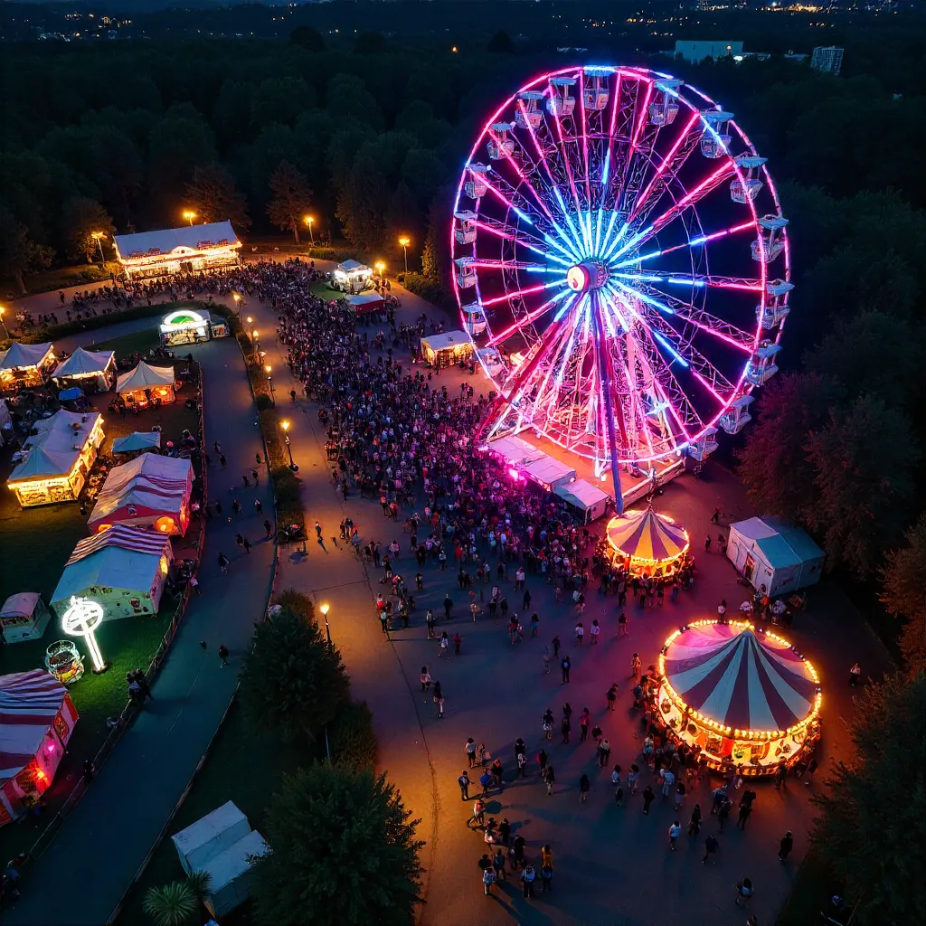 Aerial Night View of Colorful Fairground
