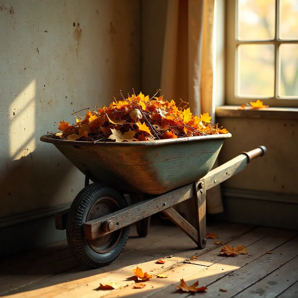 Indoor Rustic Wheelbarrow with Dried Leaves