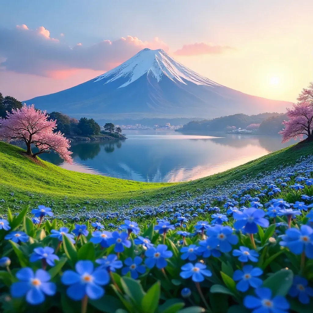 Mount Fuji in Spring: Blue Flowers in Foreground