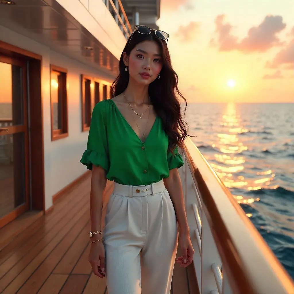 Elegant Asian Woman on a Luxury Cruise Ship