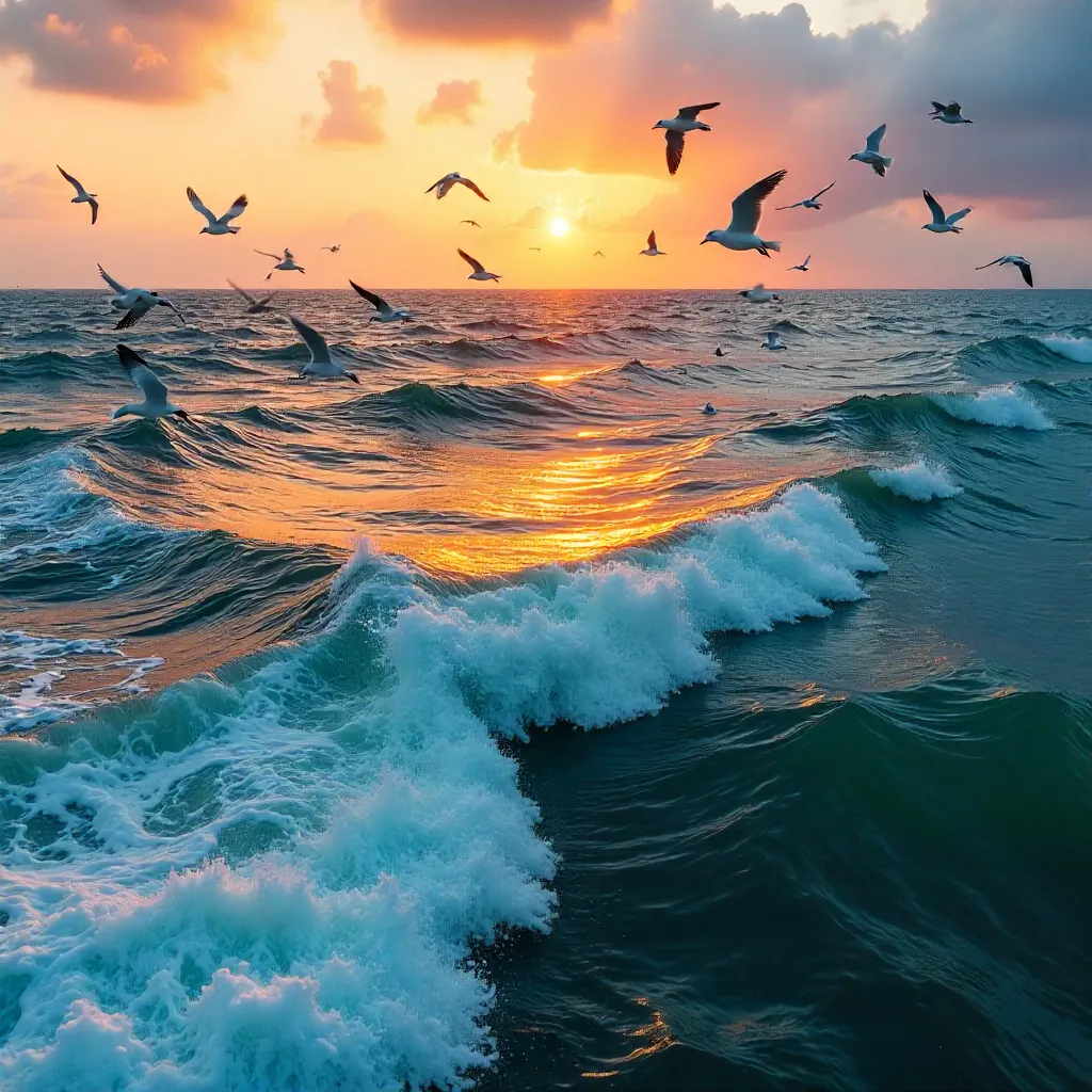 Aerial Sunset: Seagulls Over Ocean Waves