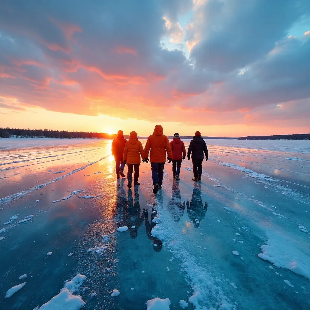 Five Silhouettes Crossing a Sunset Frozen Lake in Akmola