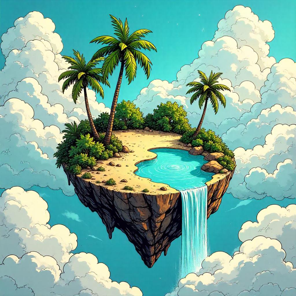 Floating Cloud Oasis in Comic Book Style