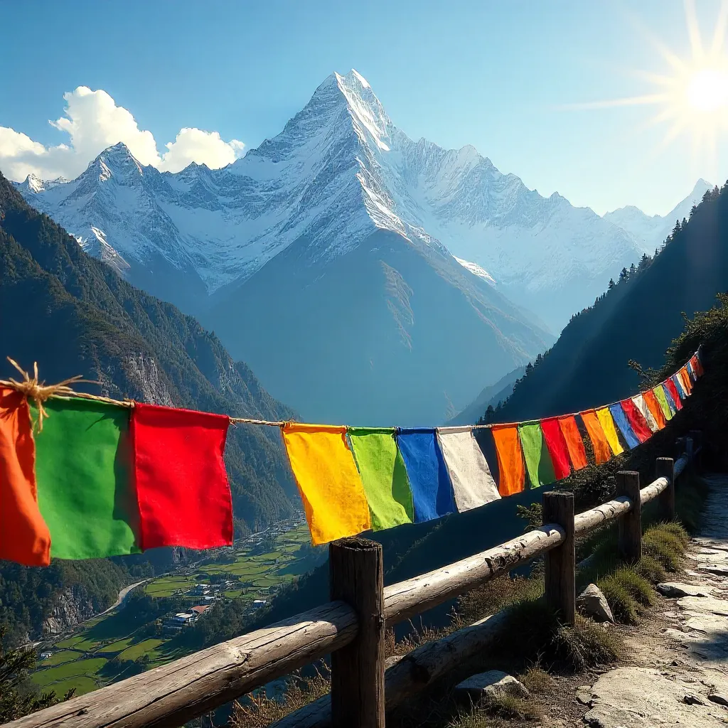 Himalayan Peaks with Colorful Prayer Flags, Nepal