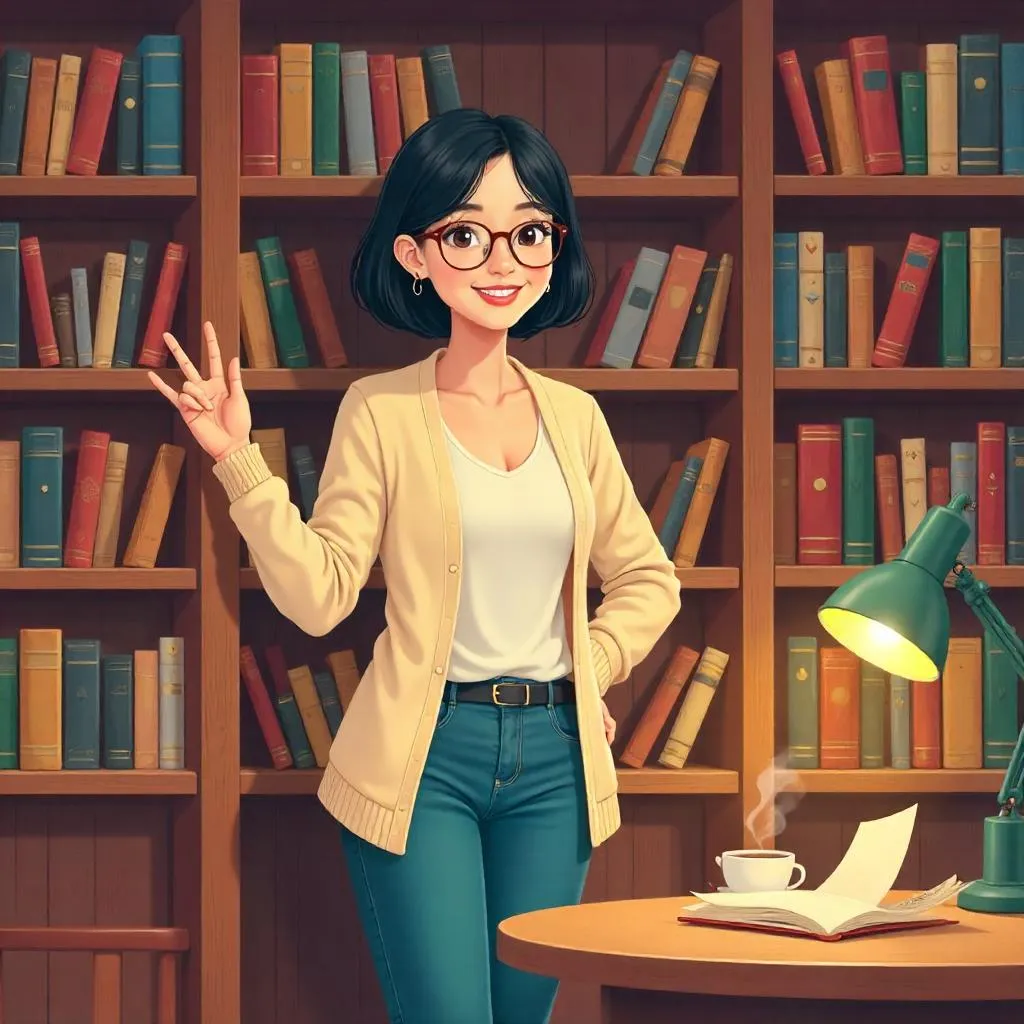 Cartoon Style Asian Woman in a Cozy Library