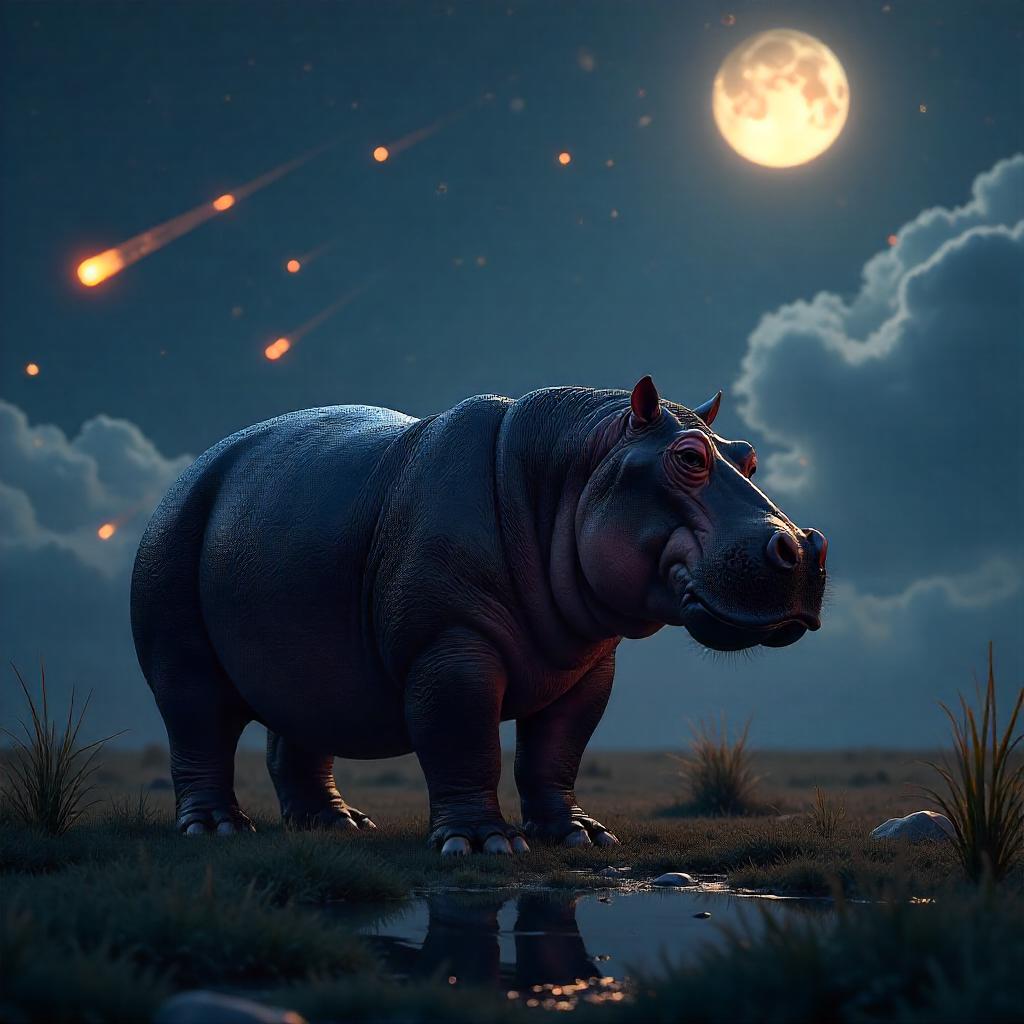 3D Rendered Hippo Under a Meteor Shower Night