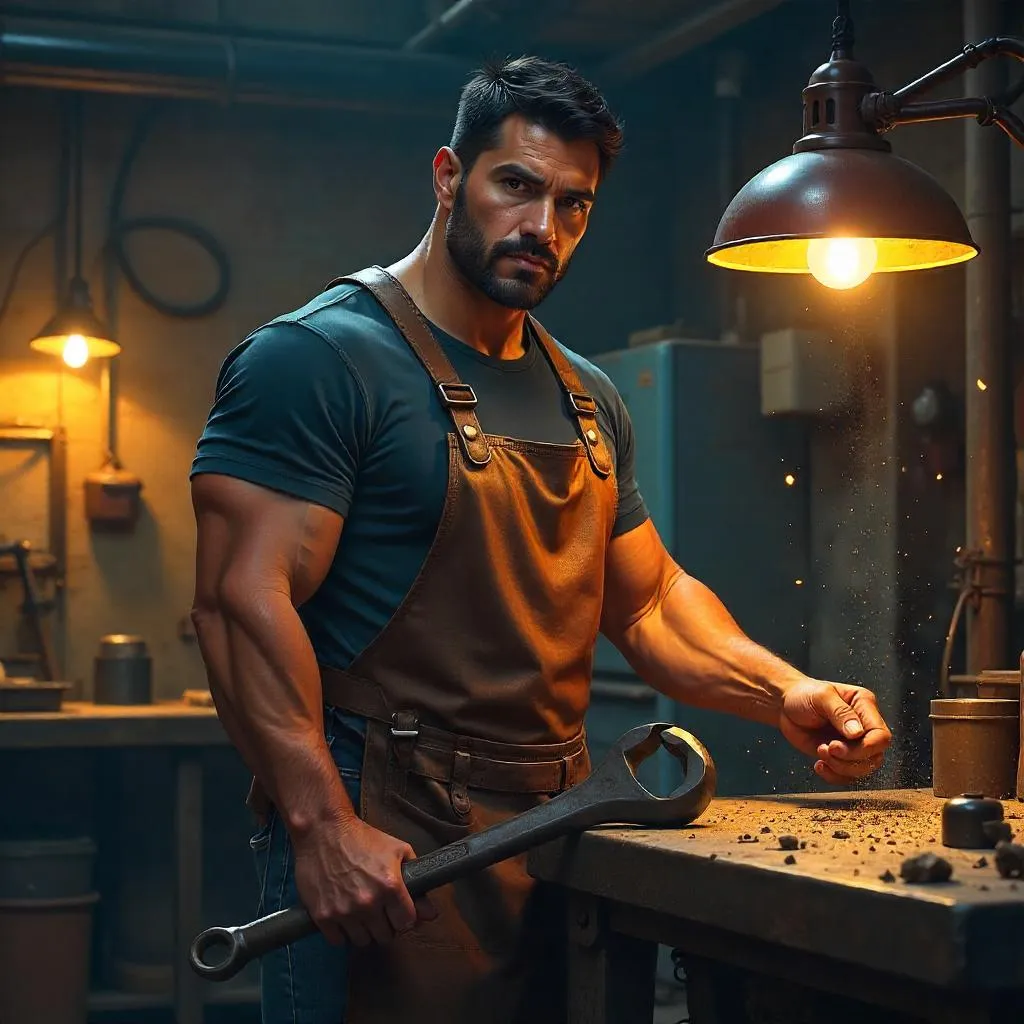 Strong Latino Craftsman in a Luminous Workshop