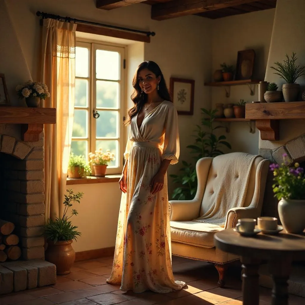 Elegant Latina Woman in a Cozy Cottage