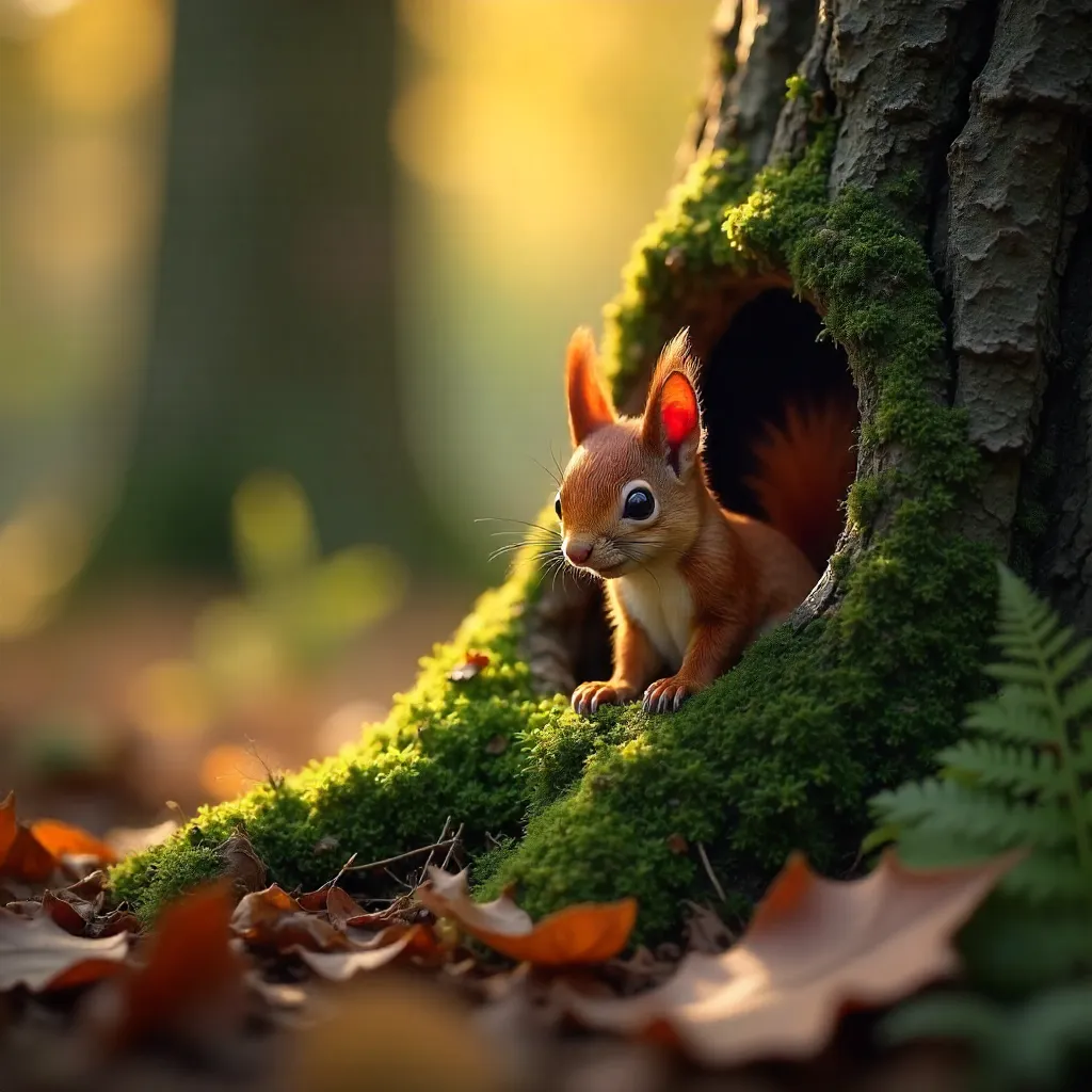 Adorable red squirrel peeking from a Berlin forest trunk