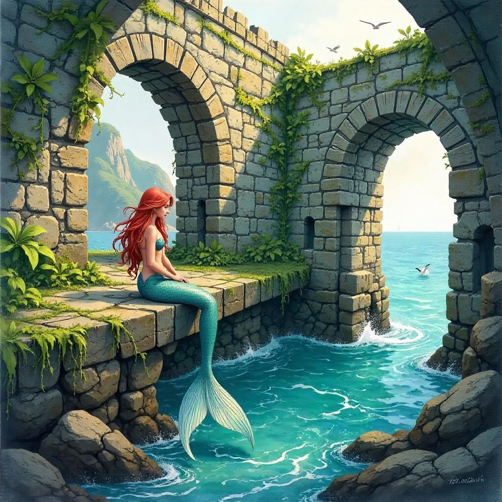 Watercolor Mermaid in a Coastal Fortress Ruins