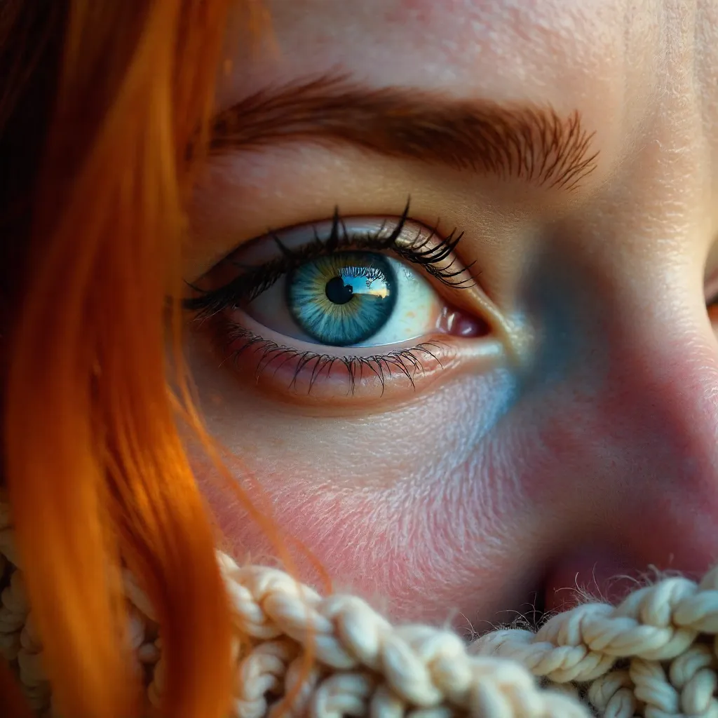 Hyper-Real Close-Up: Blue Eye and Red Hair in Knit