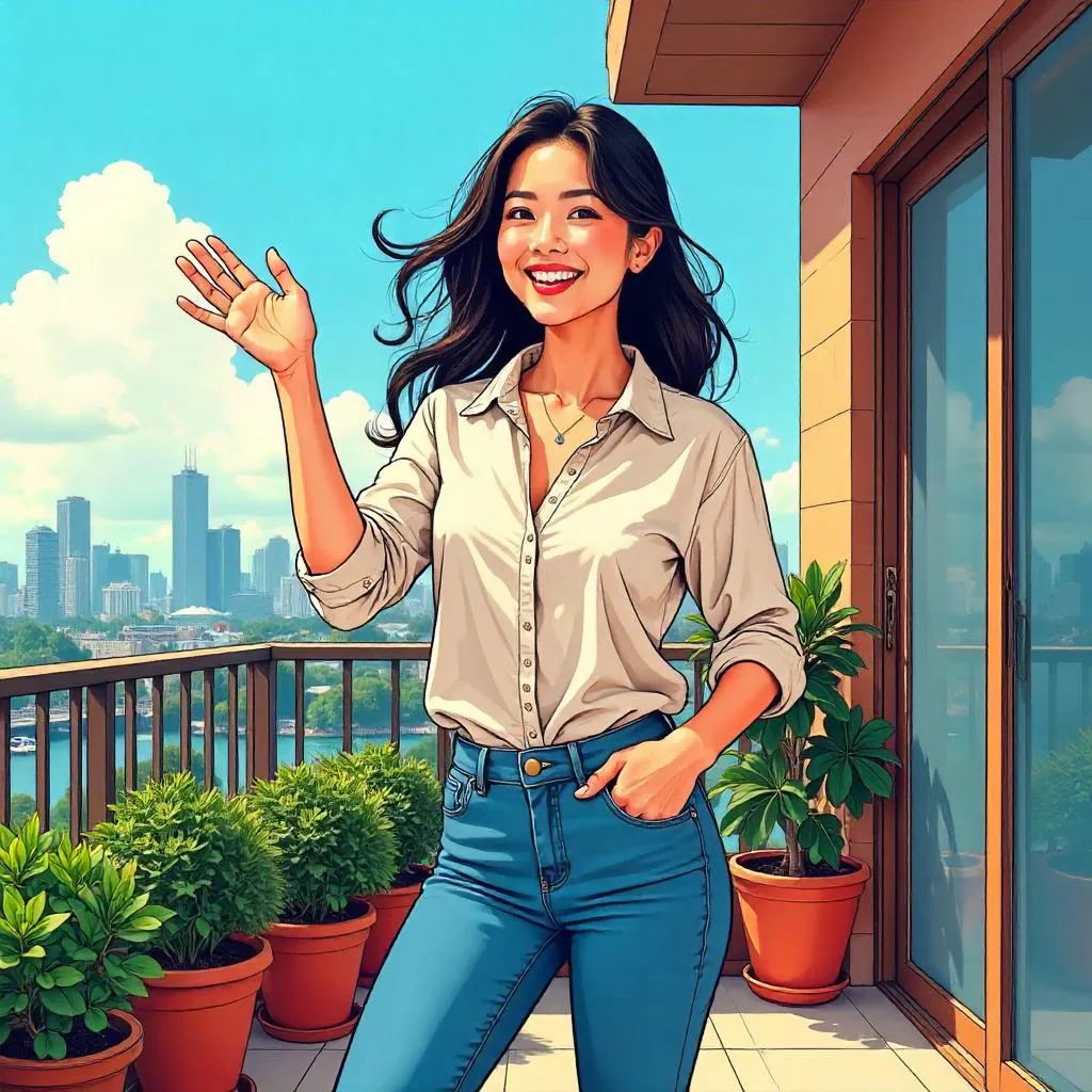 Cheerful Asian Woman on a Sunny Terrace in Comic Book Style
