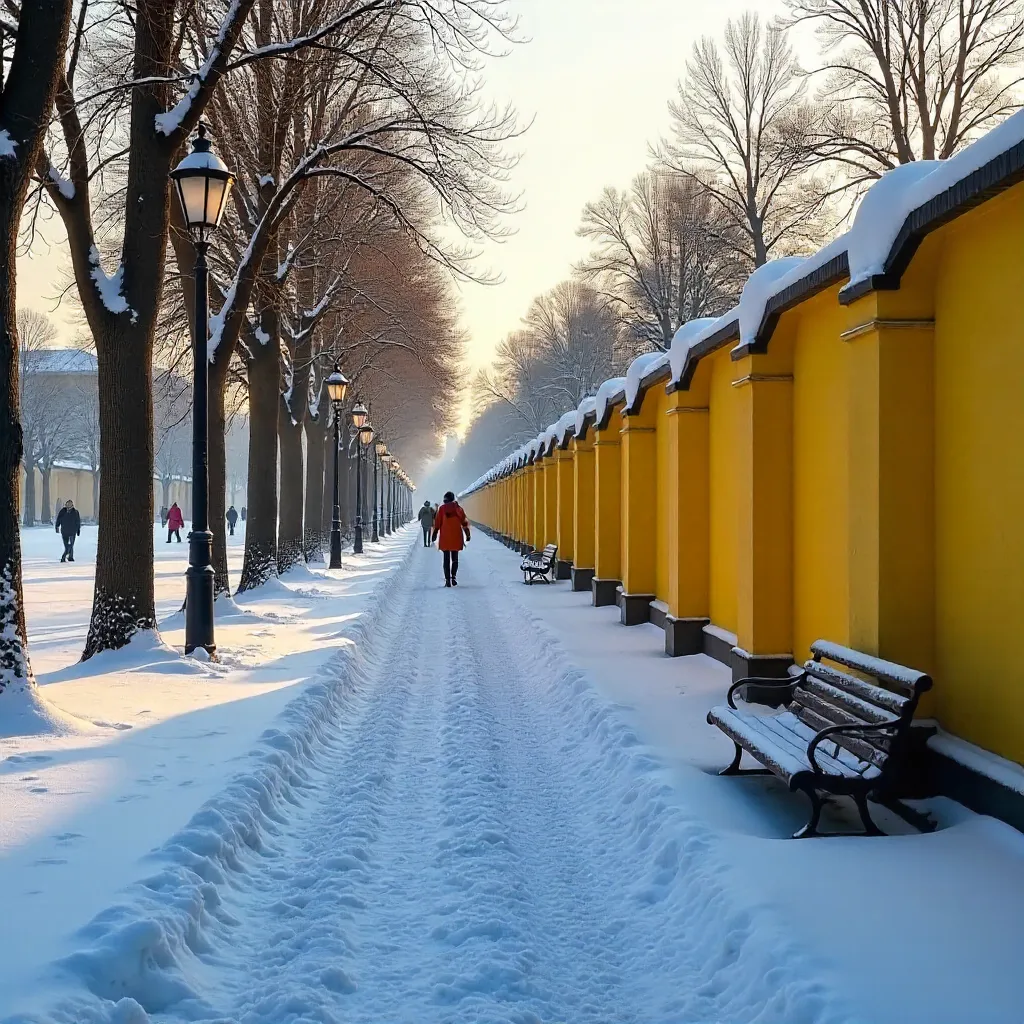 Snowy Berlin Park: Yellow Wall with Arches in Winter