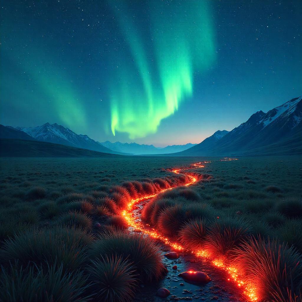 Aurora Fields Ablaze: Digital Fire in the Night Meadow