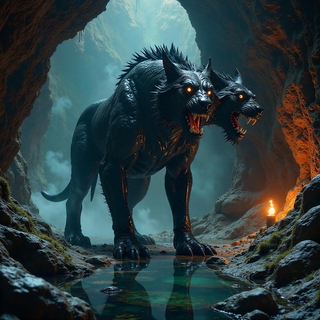 Three-Headed Cerberus in a Shadowy Cave